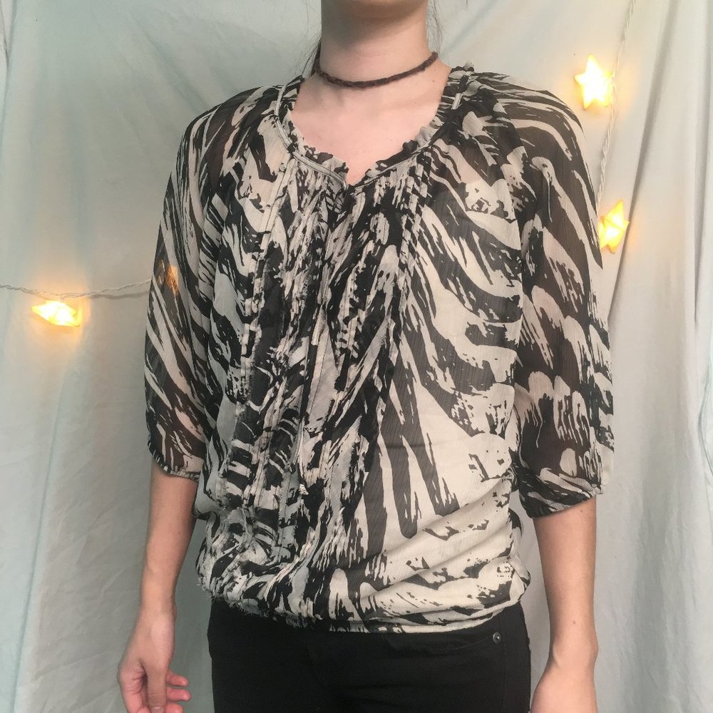 Express Black Grey Sheer Ruffle Front Blouse